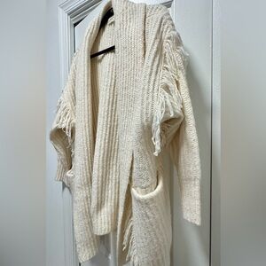 Anthropologie Cream Fringe Loose Fit Open-Front Cardigan